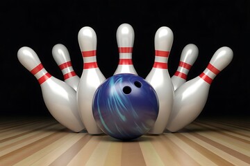 Exciting bowling strike setup with vibrant blue ball ready to knock down pins on wooden lane for sports and recreational fun