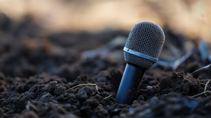 Microphone buried in dark soil, outdoors.