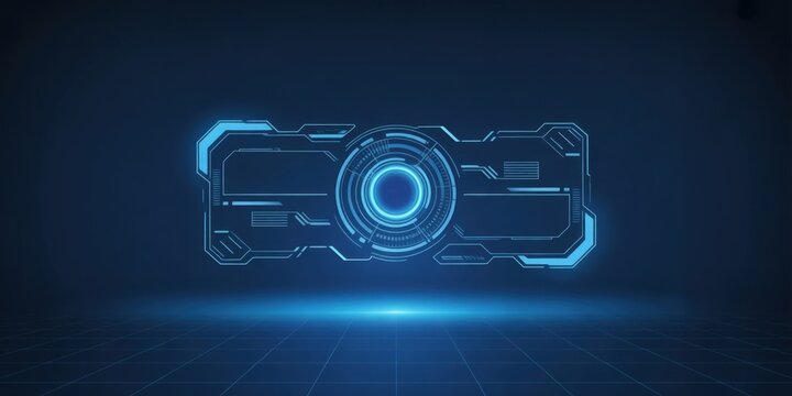 Futuristic Digital Interface - A glowing abstract digital interface with a central circle and geometric lines on a dark blue background, for technology and data - Powered by Adobe