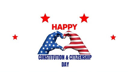 Patriotic illustration celebrating Constitution and Citizenship Day with American flag-themed hands forming a heart, surrounded by red stars.