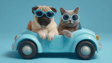 Cool cat and dog duo cruise in style with matching blue sunglasses and a toy car, making for a quirky and adorable portrait.