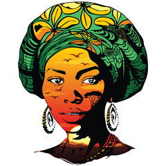 Black Woman Beautiful Portrait with African Savanna Landscape and wax fabric headwear vector art
