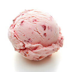 Single scoop of strawberry ice cream with fruit pieces. Refreshing dessert for summer enjoyment. Sweet treat for food and beverage concepts.