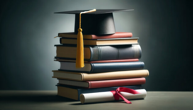Stack of colorful books with graduation cap on top symbolizing education and achievement