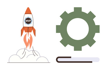 Rocket blasting off with MVP label, green gear as a metaphor for mechanics, progress bar. Ideal for innovation, product development, growth, startup, engineering progress business strategy. Simple