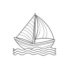 Vector art of simple line drawing of a sailboat on waves, isolated on white background