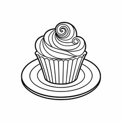 Vector art of simple line drawing of a cupcake with frosting isolated on white background