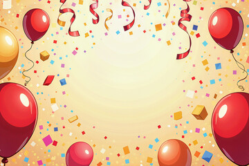 A colorful birthday scene with red and yellow balloons, streams of confetti, and falling presents to celebrate a birthday.