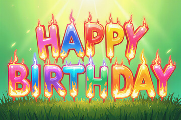 A vibrant Happy Birthday message shaped like candles in various colors, set against a green grassy field and a bright yellow sky.