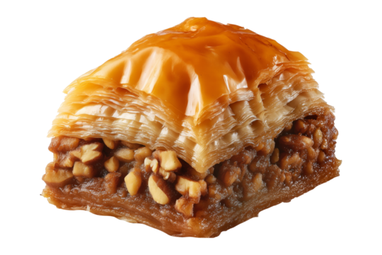 Traditional Turkish baklava filled with pistachios and syrup, cut square triangle isolated on white transparent background, symbolizing sweet cuisine