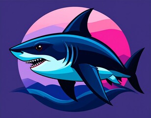Fototapeta premium Cartoon shark in vibrant colors over a stylized sunset