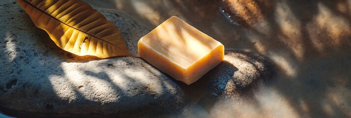 Sustainable soap mock resting on river rock and leaf shadow with golden hue