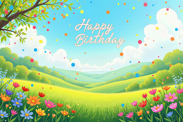 A vibrant, green landscape with flowers, rolling hills, and a blue sky decorated with confetti and Happy Birthday text.