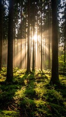 Obraz premium Sun rays pierce a misty forest, illuminating the mossy forest floor