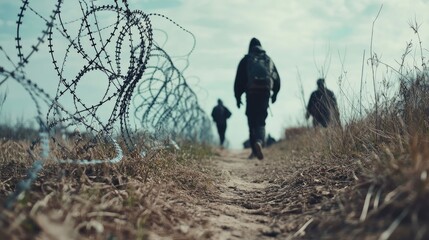 Figures walk path near barbed wire fence.