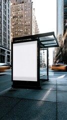 Urban Billboard Mockup at a Bus Stop in Midtown Manhattan on a Sunny Day