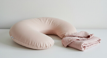 Soft pink nursing pillow with cozy blanket on minimalist surface  