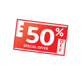 50% off sticker style flat symbol. Discount banner elements red colour vector eps editable.