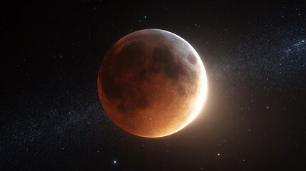 Fototapeta premium Ethereal celestial body. Detailed shot shows the play of light and shadow. The reddish glow, contrasting with the deep black of space, evokes a sense of mystery.