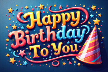 A vibrant birthday graphic featuring the text Happy Birthday To You surrounded by stars and confetti, with a party hat to the right.