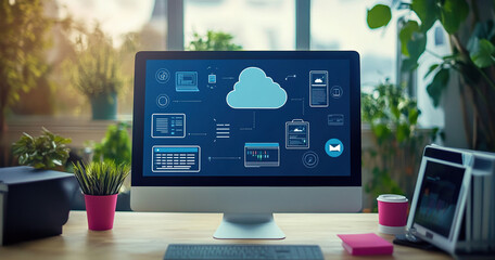 A computer screen displaying cloud technology icons, connected to various web-based applications and equipment on the desk in front of it, 