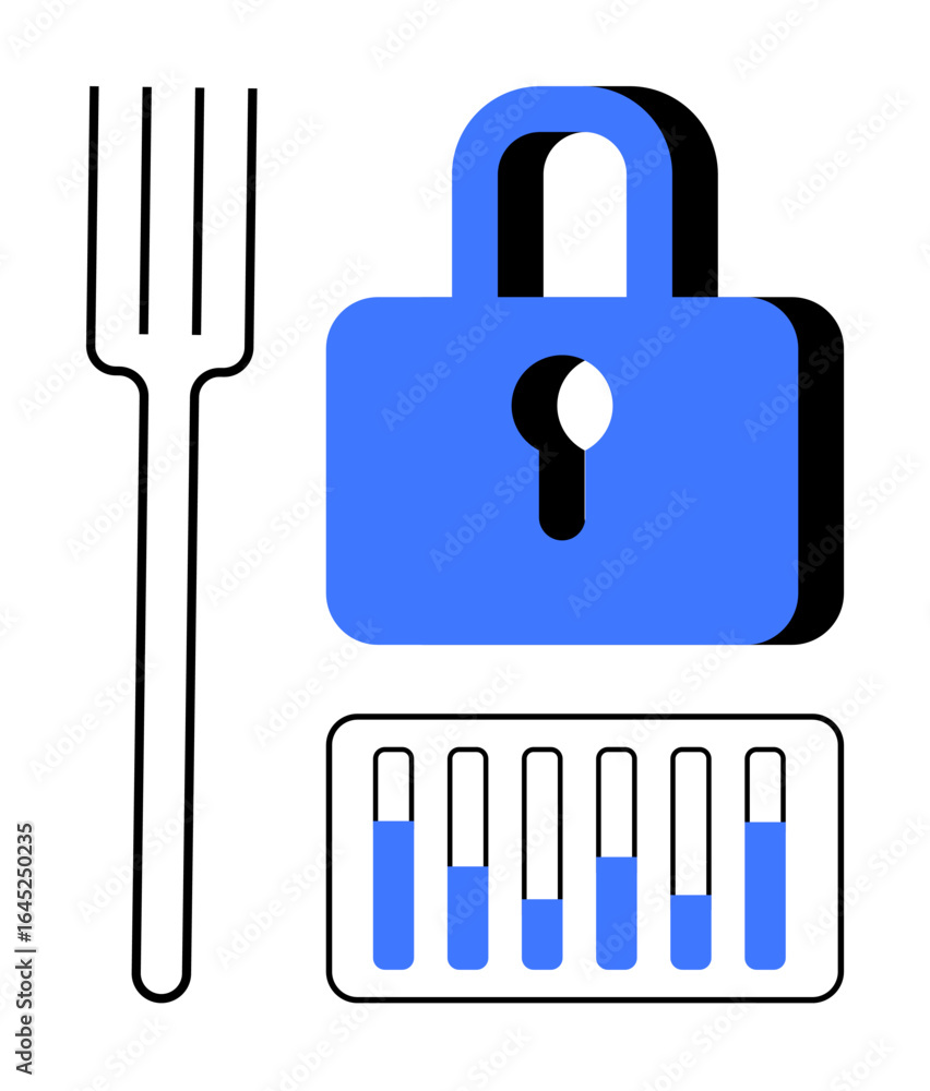 Poster fork, blue lock, and rectangular data bars indicate security, technology, and control. ideal for cyb