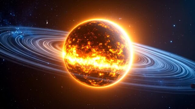 Fiery planet with rings in deep space