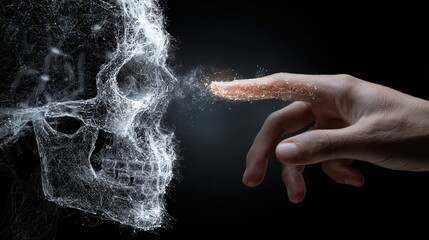 Digital Death: A Man's Hand Touches a Skull Made of Particles in Dramatic Lighting.
