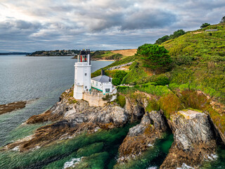 St Anthony Lighthouse from drone, Roseland peninsula, Head circular walk, Cornwall, UK