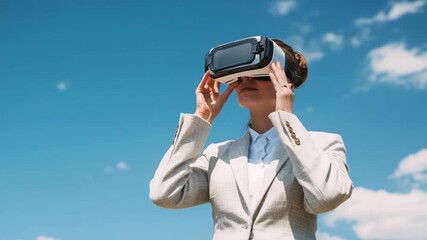 Businesswoman wearing virtual reality headset outdoors, exploring innovative technology concepts - Powered by Adobe