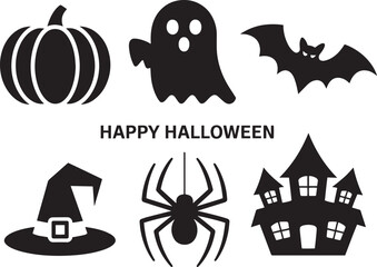 Halloween Icons Set Featuring Pumpkin, Ghost, Bat, Witch Hat, Spider, and Haunted House