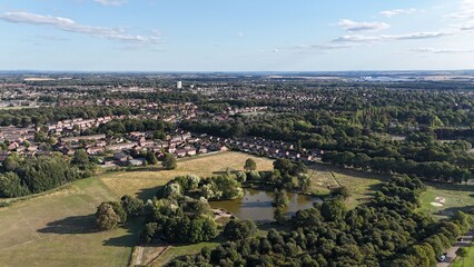 Obraz premium Aerial view of suburban area with pond and trees.