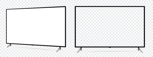 Smart tv mockup. Front and side view with white empty screen on transparent background.