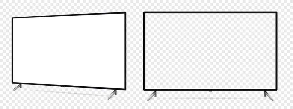 Smart tv mockup. Front and side view with white empty screen on transparent background.