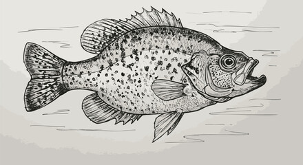 Vintage engraved style crappie fish illustration. Detailed black and white vector sketch of a freshwater Pomoxis panfish.