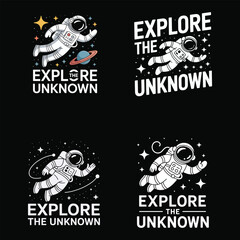 Astronauts floating in space with stars and planets