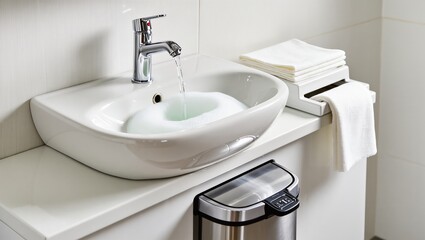 Fototapeta premium Modern Bathroom Sink with Flowing Water and Clean Towels on a Stylish Countertop