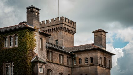Majestic Stone Castle with Tower against Dramatic Sky