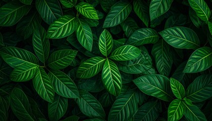 Fototapeta premium Rich Emerald Tapestry of Tropical Leaves with Intricate Vein Patterns