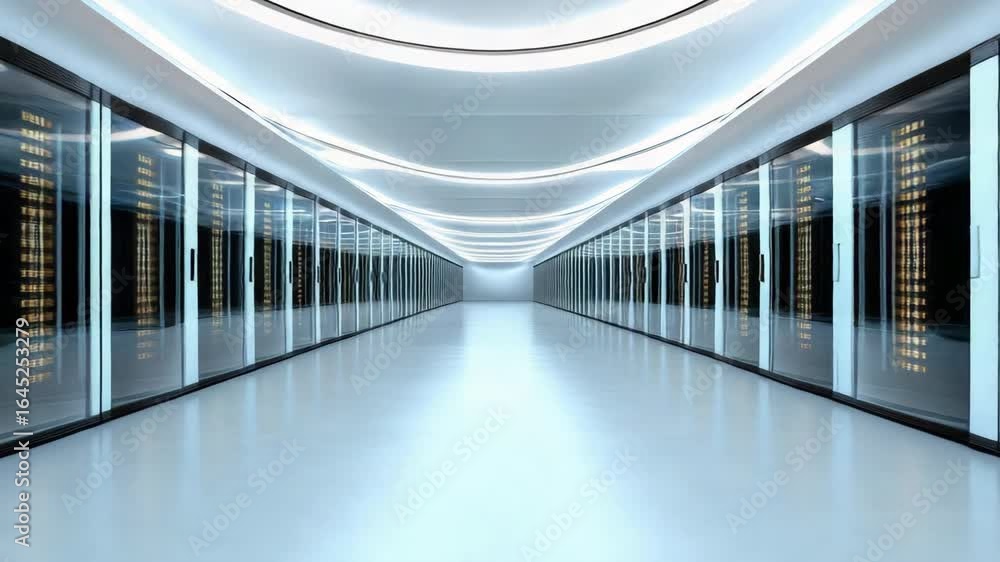 Poster modern data center featuring bright interior and rows of servers with futuristic design elements