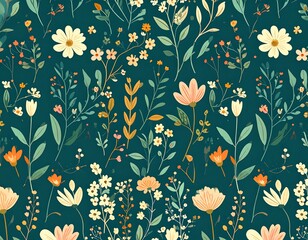 Teal background with a repeating pattern of various stylized flowers and foliage