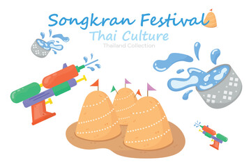 Thailand festival of Song Kran Day icons set. Festival famous traveling in April.