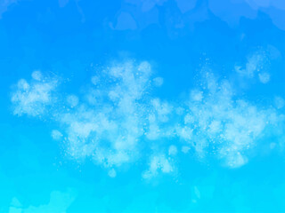青空や海のようなイメージのグラデーション背景素材。手描きの水彩風テクスチャー。キラキラした光の粒子。水しぶき。スプラッシュ。もくもくした雲。爽やかな夏のイメージ