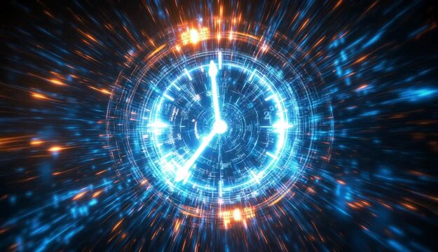 A digital glass thunderbolt or explosion effect inside a futuristic clock face
