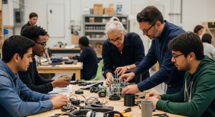 Collaborative Teamwork in Modern Workshop with Diverse Professionals