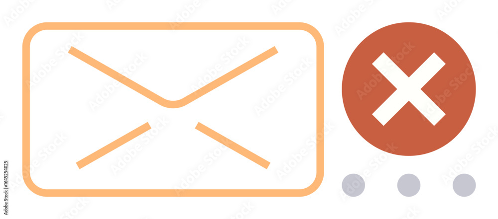 Poster envelope representing email with bold red cross highlighting error or failure. three dots suggest pr