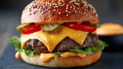 Delicious gourmet burger piled high with fresh toppings, cheese, and savory sauces for food lovers.