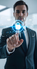 Man taps on a holographic screen displaying a secure lock icon