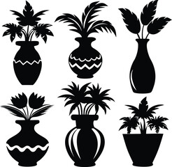 Black and White Vector Art of Potted Plants and Flowers in Decorative Vases Silhouettes