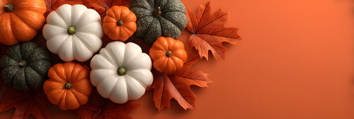 Fototapeta premium Halloween Banner on orange background with Top view Pumpkins, Autumn Leaves, and Copy Space.